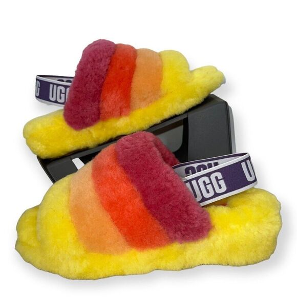 UGG Fluff Yeah Pride Slides "Yellow Rainbow" 1097169 Women's 7 - Picture 1 of 11